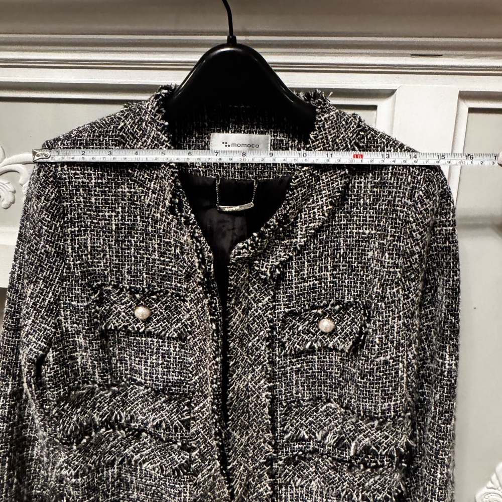 Momoco Black White Tweed Check Long Overcoat Fringe Pearl Buttons Size 38 - Picture 6 of 11